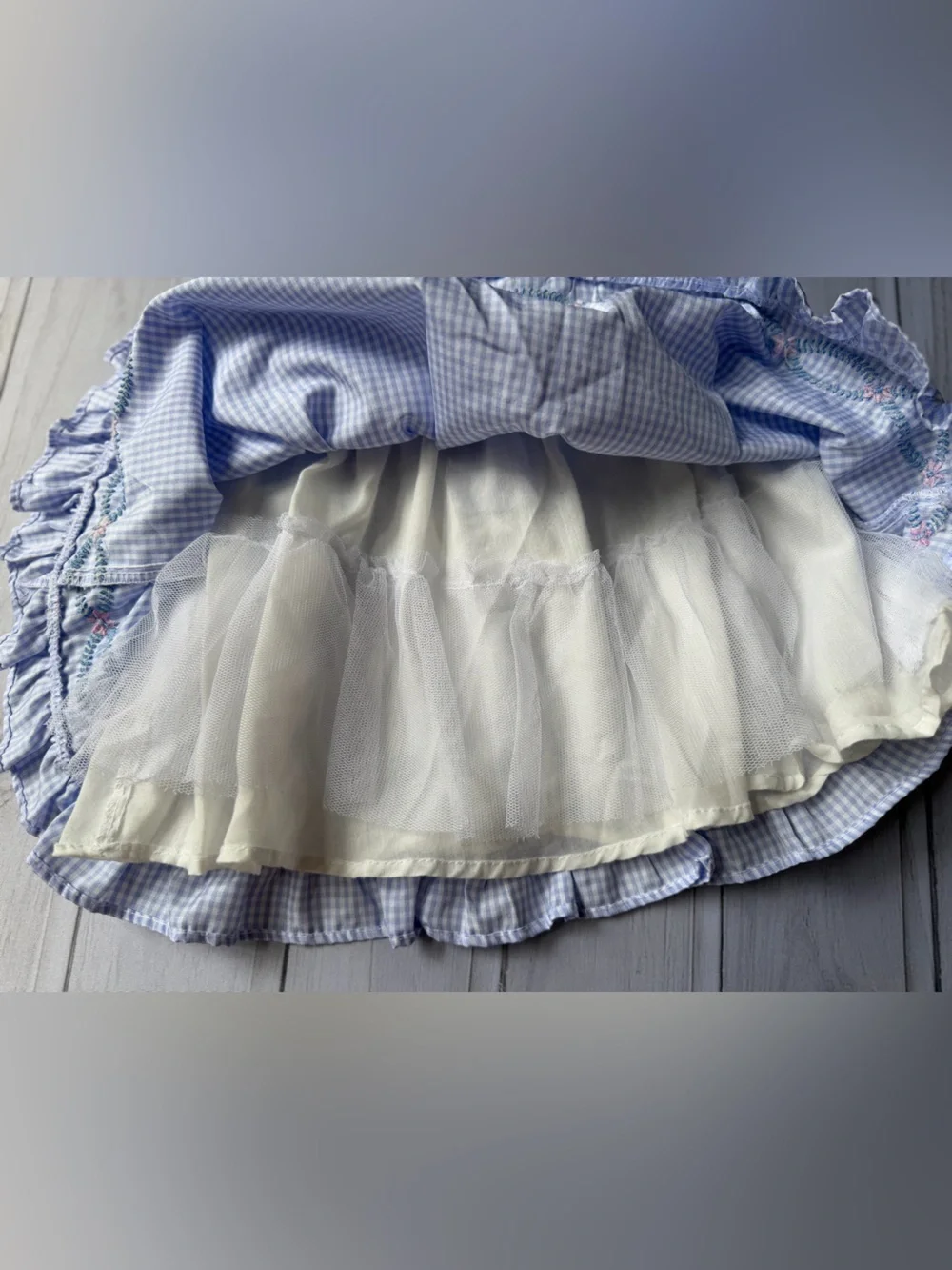 Vintage 90’s Baby Togs blue white gingham sleeveless embroidered dress. 3-6 mo